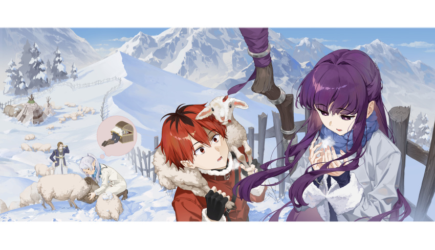 2boys 2girls absurdres animal black_gloves black_hair blue_scarf brown_hair carrying cheese_kang coat feeding feeding_animal fence fern_(sousou_no_frieren) fingerless_gloves frieren frieren_stuck_in_a_mimic_(meme) gloves grey_hair hand_on_own_hip highres letterboxed long_hair long_sleeves looking_at_another meme mimic mimic_chest mountain multicolored_hair multiple_boys multiple_girls outdoors purple_hair red_coat redhead scarf sein_(sousou_no_frieren) sheep snow sousou_no_frieren staff stark_(sousou_no_frieren) tent thought_bubble tree two-tone_hair violet_eyes white_coat