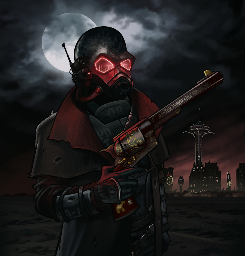 1boy absurdres angusburgers belt bracer bulletproof_vest cityscape clouds cloudy_sky desert duster fallout_(series) fallout_new_vegas gas_mask gloves glowing glowing_eyes gun helmet highres looking_at_viewer mask moon ncr ncr_veteran_ranger night night_sky raised_eyebrows red_eyes revolver sky torn_clothes weapon
