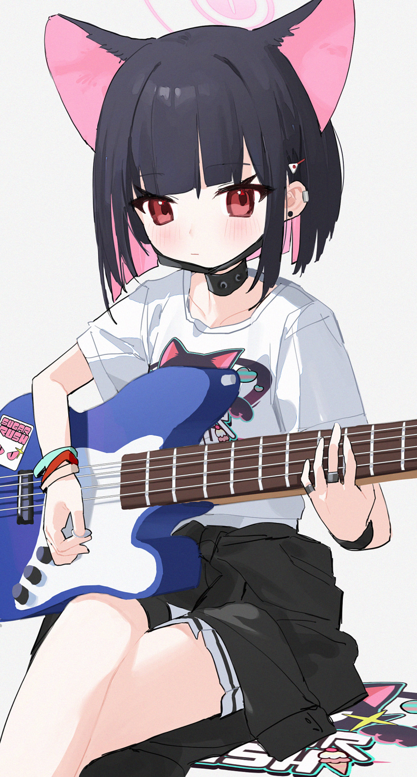 1girl absurdres animal_ears black_choker black_hair black_jacket black_mask blue_archive blush cat_ears choker closed_mouth clothes_around_waist collarbone colored_inner_hair electric_guitar extra_ears guitar hair_ornament hairclip highres holding holding_instrument instrument jacket jacket_around_waist kazusa_(band)_(blue_archive) kazusa_(blue_archive) mask mask_pull measho mouth_mask multicolored_hair official_alternate_costume pink_hair pleated_skirt red_eyes shirt short_hair short_sleeves simple_background skirt solo white_background white_shirt white_skirt