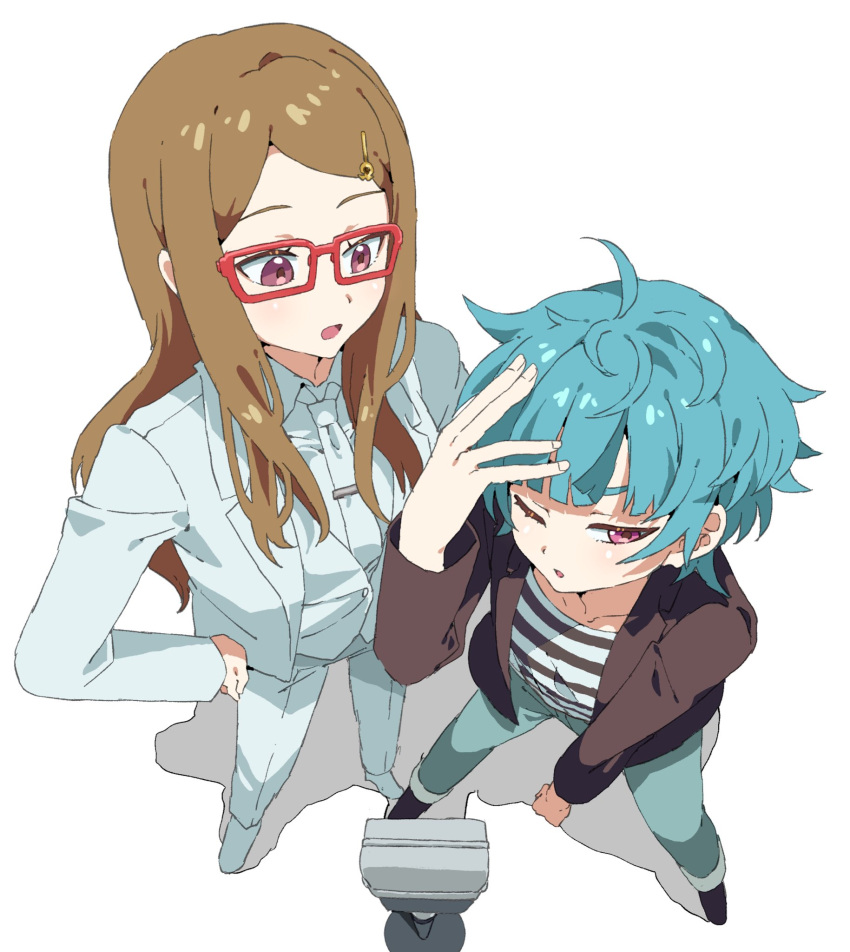2girls :o akai_meganee blue_hair blue_pants blunt_bangs brown_hair brown_jacket collared_shirt commentary_request from_above full_body glasses hand_on_own_head hand_on_own_hip highres jacket legs_apart long_hair long_sleeves looking_at_another looking_to_the_side microphone_stand multiple_girls necktie omega_auru one_eye_closed open_mouth pants pretty_series red-framed_eyewear shirt short_hair simple_background standing striped_clothes striped_shirt suit swept_bangs tsujii_luki waccha_primagi! white_background white_jacket white_necktie white_pants white_shirt white_suit