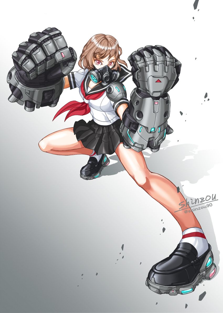 1girl armor black_sailor_collar brown_hair dress fighting_stance full_body gradient_background grey_background highres looking_at_viewer orange_eyes original power_fist respirator sailor_collar sailor_dress sailor_shirt school_uniform shadow shinzou90 shirt shoes short_hair shoulder_armor signature sneakers solo white_background