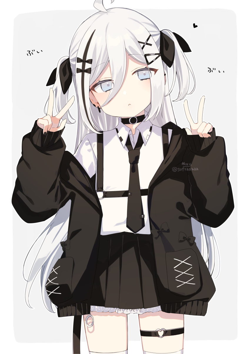 1girl :o absurdres ahoge black_bow black_choker black_jacket black_necktie black_ribbon black_skirt bow choker collared_shirt commentary_request double_v earrings grey_background grey_eyes grey_hair hair_between_eyes hair_bow hair_ornament hair_ribbon hairclip hands_up head_tilt heart heart_o-ring highres jacket jewelry long_hair long_sleeves looking_at_viewer multicolored_hair necktie off_shoulder open_clothes open_jacket original parted_lips pleated_skirt puffy_long_sleeves puffy_sleeves ribbon shirt signature skirt sleeves_past_wrists sofra solo standing streaked_hair thigh-highs translation_request twitter_username two-tone_background two_side_up v very_long_hair white_background white_shirt white_thighhighs x_hair_ornament