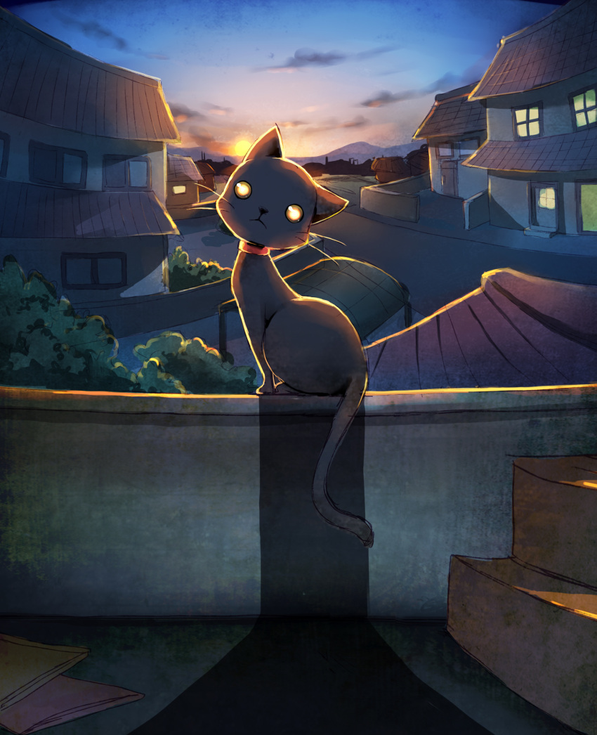 :&lt; animal_nose awning black_cat cat cat_tail clouds cloudy_sky collar commentary_request dusk fence glowing glowing_eyes highres in_shadow looking_at_viewer mountainous_horizon no_humans on_railing original railing red_collar rooftop shadow sky stairs sun sunset tail town tree whiskers window yellow_eyes yume_utsutsu_(artist)