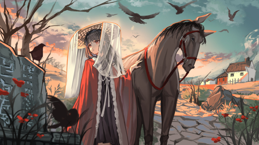 1girl absurdres al_guang bare_tree bird black_dress black_hair blue_sky boulder braid cloak clouds crow dress hat highres horse house long_hair original outdoors parted_lips red_cloak red_eyes rice_hat see-through_veil sky solo sunset tree white_veil