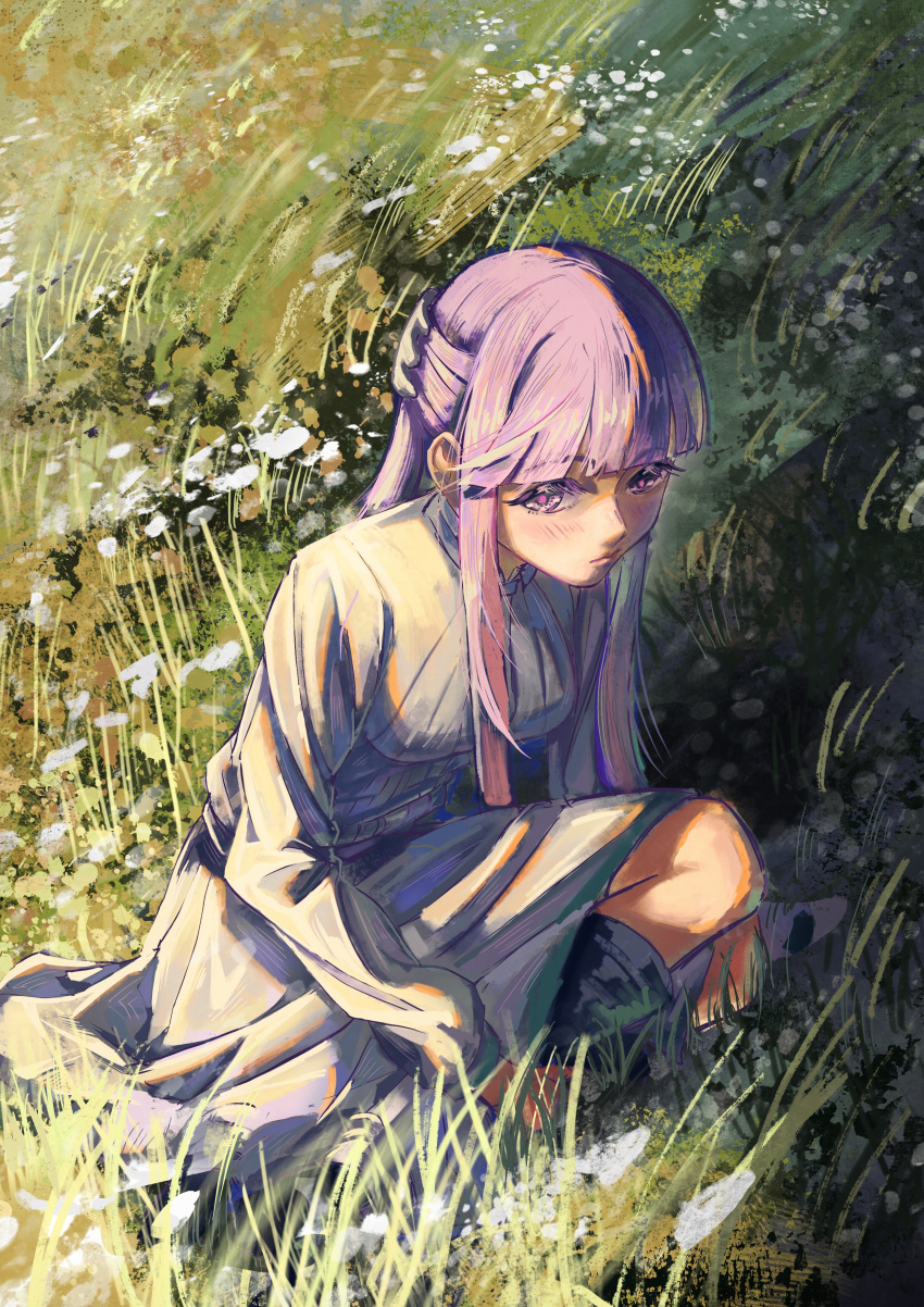 1girl absurdres blunt_bangs blush breasts day dress fern_(sousou_no_frieren) grass grey_dress highres large_breasts long_hair long_sleeves looking_at_viewer outdoors purple_hair solo sousou_no_frieren violet_eyes zzzpr7