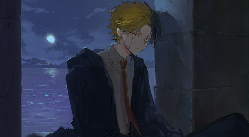 1boy black_hair black_robe blonde_hair clouds collared_shirt facial_mark looking_at_viewer mashle mm39572 moon necktie night parted_lips rayne_ames red_necktie robe shadow shirt upper_body water white_shirt yellow_eyes