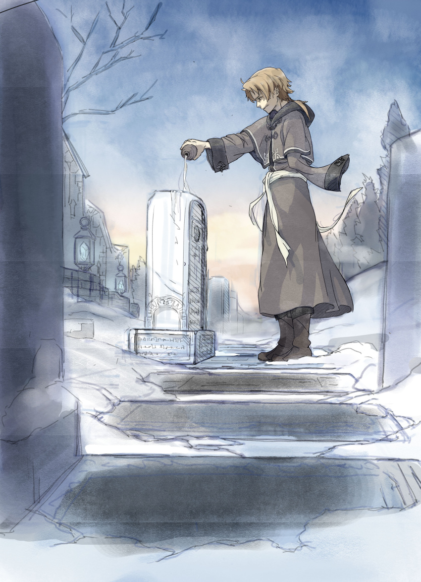 1boy absurdres amputee artist_request asagami_(hnt16303310) blonde_hair brown_footwear clenched_teeth commission flask graveyard grey_robe highres holding holding_flask hooded_robe looking_down mushoku_tensei pouring robe rudeus_greyrat short_hair snow solo spoilers teeth tombstone