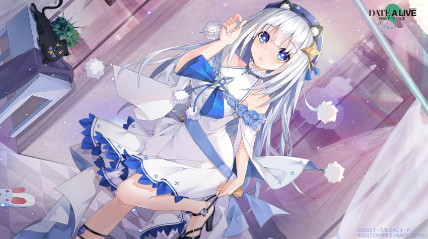 1girl :o arusu_maria bare_shoulders blue_eyes blue_hat breasts cat date_a_live date_a_live:_spirit_pledge dress dutch_angle indoors long_hair looking_at_viewer medium_breasts official_alternate_costume official_art solo white_dress white_hair