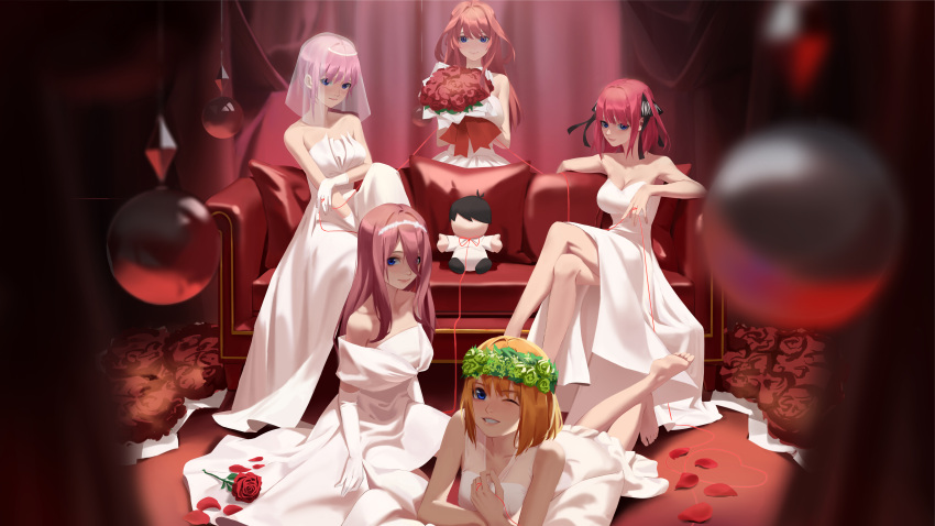5girls ;) absurdres barefoot black_ribbon blue_eyes bouquet breasts bridal_veil brown_hair butterfly_hair_ornament character_doll commentary_request couch crossed_legs dress elbow_gloves flower gloves go-toubun_no_hanayome hair_ornament hair_ribbon head_wreath highres holding holding_bouquet indoors kan_bu_jian_de_feng large_breasts long_hair looking_at_viewer lying multiple_girls nakano_ichika nakano_itsuki nakano_miku nakano_nino nakano_yotsuba on_couch on_stomach one_eye_closed orange_hair pink_hair quintuplets red_flower red_rose redhead ribbon rose short_hair sitting smile strapless strapless_dress string string_of_fate uesugi_fuutarou veil wariza wedding_dress white_dress white_gloves