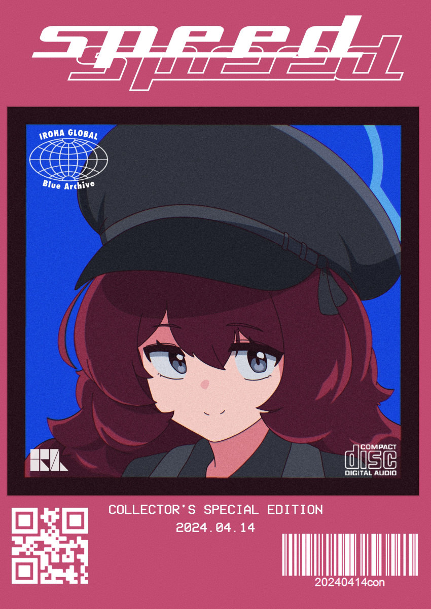 1girl absurdres barcode blue_archive closed_mouth dated english_text grey_eyes grey_hat hat highres hrna iroha_(blue_archive) logo long_hair military_hat open_eyes qr_code redhead retro_artstyle smile solo