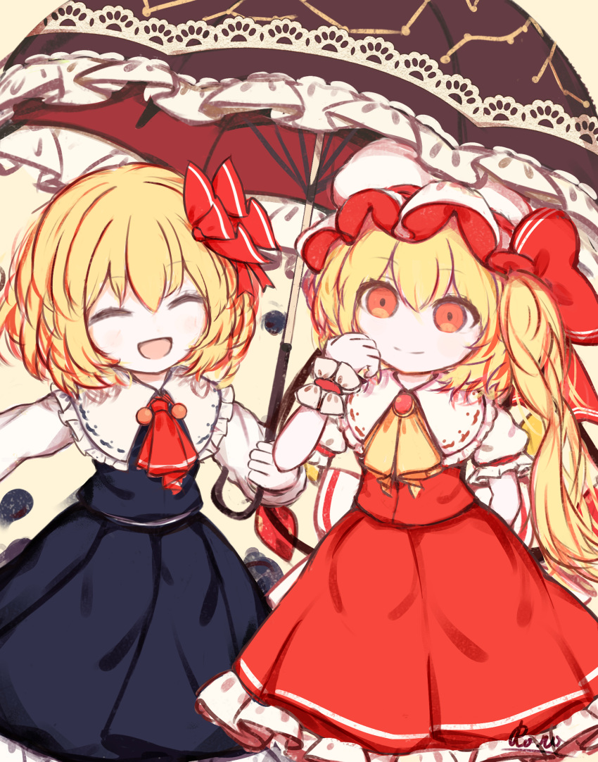 2girls absurdres ascot black_skirt black_vest blonde_hair closed_eyes collar flandre_scarlet frilled_collar frills hair_ribbon hat highres holding holding_umbrella long_sleeves mob_cap multiple_girls one_side_up puffy_short_sleeves puffy_sleeves red_ascot red_eyes red_ribbon red_skirt red_vest ribbon ro.ro rumia short_hair short_sleeves skirt skirt_set smile touhou umbrella vest wrist_cuffs yellow_ascot