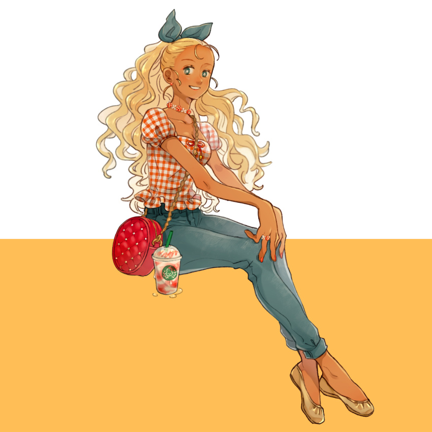 1girl bag bare_arms blonde_hair blue_bow blue_eyes blue_pants bow breasts brown_footwear chain closed_mouth crossed_ankles cup dark-skinned_female dark_skin disposable_cup drink drinking_straw flower flower_necklace flower_ring flower_wreath frilled_shirt_collar frills fukujumaru full_body hair_bow hair_pulled_back highres invisible_chair jewelry long_hair looking_at_viewer necklace original outstretched_arms pants plaid plaid_shirt plantar_flexion ponytail puffy_short_sleeves puffy_sleeves ring shirt shoes short_sleeves sitting smile solo starbucks sweat two-tone_background water wavy_hair white_background yellow_background