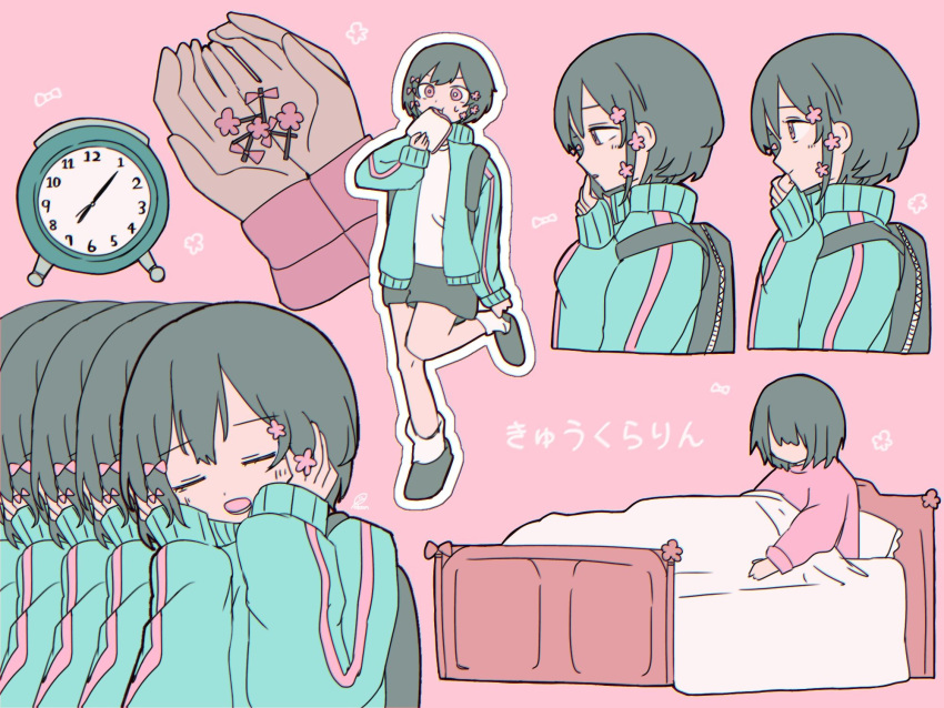 1girl alarm_clock aqua_jacket backpack bag bed black_bag black_outline black_shorts blanket bow bread bread_slice clock closed_eyes faceless flower food food_in_mouth green_hair hair_bow hair_flower hair_ornament hairpin hand_to_own_mouth hands_on_own_cheeks hands_on_own_face highres holding_hairpin jacket kurari-chan kyu-kurarin_(cevio) leg_up loose_socks mouth_hold multiple_hairpins multiple_views open_clothes open_jacket open_mouth outline pajamas pink_background pink_bow pink_eyes pink_flower pink_pajamas pink_trim recurring_image shirt short_hair shorts simple_background sleepwear socks solo song_name toast toast_in_mouth white_outline white_shirt white_socks yokan_(yokan_no_irai)