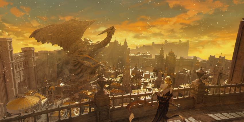 1girl armlet backless_dress backless_outfit bare_back bare_shoulders black_dress blonde_hair building chinese_commentary city cityscape clouds commentary_request dragon dress elden_ring evening fantasy from_above highres lin_nulixiulian long_hair low-braided_long_hair low-tied_long_hair orange_clouds outdoors queen_marika_the_eternal railing sash scenery sky standing sunlight tower wide_shot yellow_sash