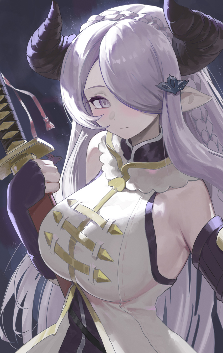 absurdres blush braid breasts coat crown_braid fingerless_gloves gloves granblue_fantasy hair_over_one_eye highres holding holding_sword holding_weapon horns large_breasts long_hair looking_at_viewer narmaya_(granblue_fantasy) peach21 pointy_ears purple_hair sleeveless sleeveless_coat sword upper_body violet_eyes weapon