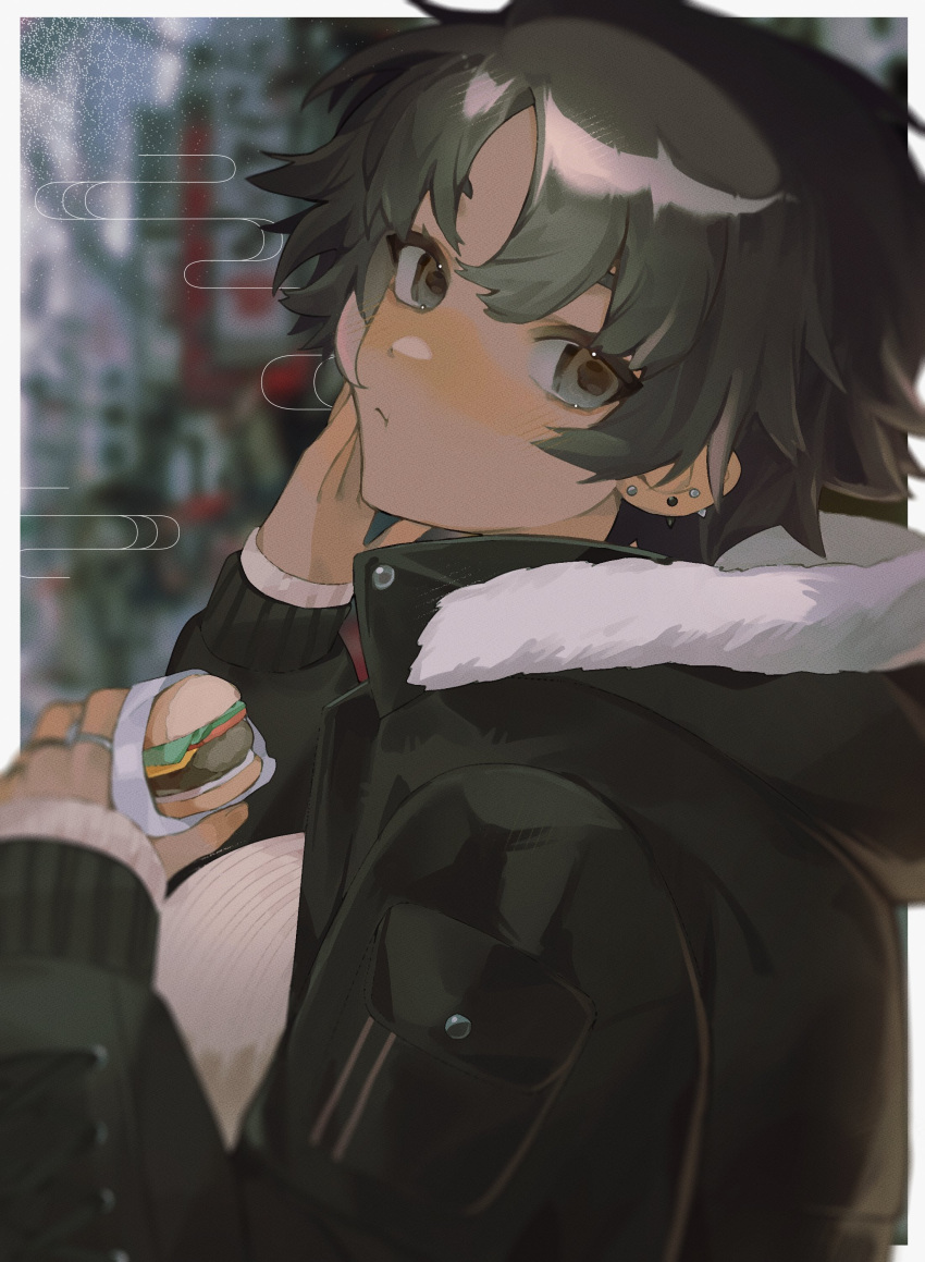 1girl absurdres black_hair black_jacket blurry blurry_background blush bon_(vtuber) breasts burger closed_mouth dark-skinned_female dark_skin ear_piercing earrings food from_side fur-trimmed_jacket fur_trim grey_eyes gwennvt highres holding holding_food indie_virtual_youtuber jacket jewelry large_breasts looking_at_viewer piercing ribbed_sweater ring short_hair solo sweater white_sweater