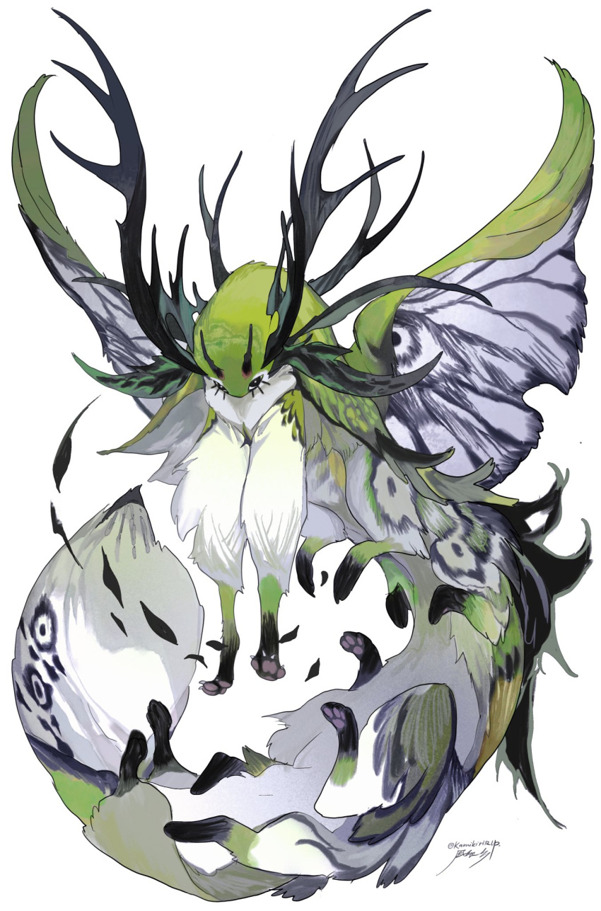 animal_focus antlers arthropod_tail artist_name black_eyes black_horns full_body highres horns insect_wings kamikiririp looking_at_viewer monster moth_wings multiple_horns multiple_legs no_humans original pawpads signature simple_background solo tail twitter_username white_background wings