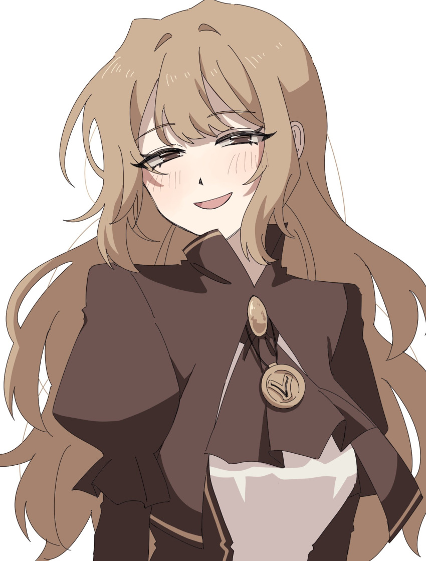 1girl ascot blush brooch brown_ascot brown_dress brown_eyes brown_hair brown_jacket catherine_(project_moon) cropped_jacket dress half-closed_eyes highres jacket jewelry kitaku_(ienikaeru) laughing limbus_company long_hair looking_at_viewer necklace project_moon sidelocks simple_background solo white_background