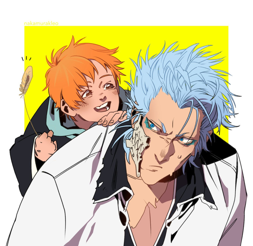 2boys :/ black_kimono bleach bleach:_epilogue blue_hair blush brown_eyes child closed_mouth collared_shirt commentary eyebrows_hidden_by_hair feathers frown grimmjow_jaegerjaquez hair_between_eyes highres holding holding_feather japanese_clothes kimono kurosaki_kazui looking_at_another looking_to_the_side multiple_boys nakamurakleo notice_lines open_clothes open_mouth open_shirt orange_hair scar scar_on_chest shirt short_eyebrows short_hair simple_background smile spiky_hair sweatdrop teeth two-tone_background upper_body v-shaped_eyebrows white_background white_shirt yellow_background
