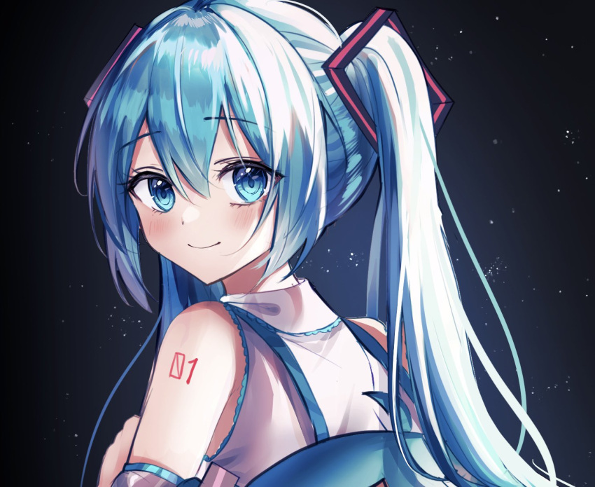 1girl ahoge bag blue_eyes blue_hair blush character_bag closed_mouth collar dark_background detached_sleeves dot_nose hair_between_eyes hand_up hannahkwok4 happy hashtag-only_commentary hatsune_miku highres holding holding_bag long_hair looking_at_viewer looking_back number_tattoo pointy_chin raised_eyebrows red_tattoo smile solo starry_background tattoo twintails vocaloid white_sleeves