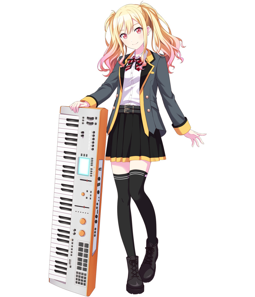1girl belt black_bow black_bowtie black_skirt black_thighhighs blonde_hair bow bowtie full_body gradient_hair grey_jacket highres holding holding_instrument instrument jacket keyboard_(instrument) looking_at_viewer multicolored_bowtie multicolored_hair non-web_source official_art pink_eyes pink_hair pleated_skirt project_sekai red_bow red_bowtie shirt skirt smile solo striped_bow striped_bowtie striped_clothes tachi-e tenma_saki thigh-highs transparent_background twintails white_shirt