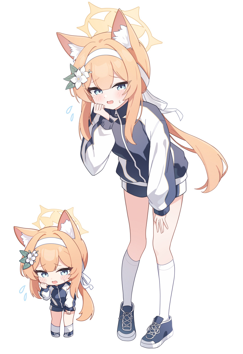 1girl absurdres animal_ear_fluff animal_ears black_footwear black_jacket black_shorts blue_archive blue_eyes blush breasts cat_ears flower flying_sweatdrops gym_shorts gym_uniform hair_flower hair_ornament halo highres jacket long_hair long_sleeves looking_at_viewer mari_(blue_archive) mari_(track)_(blue_archive) multiple_views nonddu official_alternate_costume open_mouth orange_hair shoes shorts simple_background small_breasts socks track_jacket white_background white_flower white_socks yellow_halo