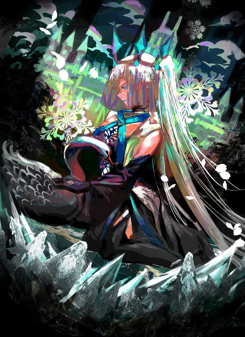 1girl animal bare_shoulders black_dress black_footwear black_gloves black_swan_(bird) blue_eyes blue_lips boots castle clouds commentary_request crown detached_sleeves dress falling_petals fate/grand_order fate_(series) full_body gloves highres holding holding_animal ice kneeling lipstick long_hair long_sleeves looking_at_animal looking_down makeup minayukiinori morgan_le_fay_(fate) morgan_le_fay_(queen_of_winter)_(fate) outdoors painterly partial_commentary petals ponytail snowflakes solo thigh_boots veil very_long_hair white_hair wide_sleeves