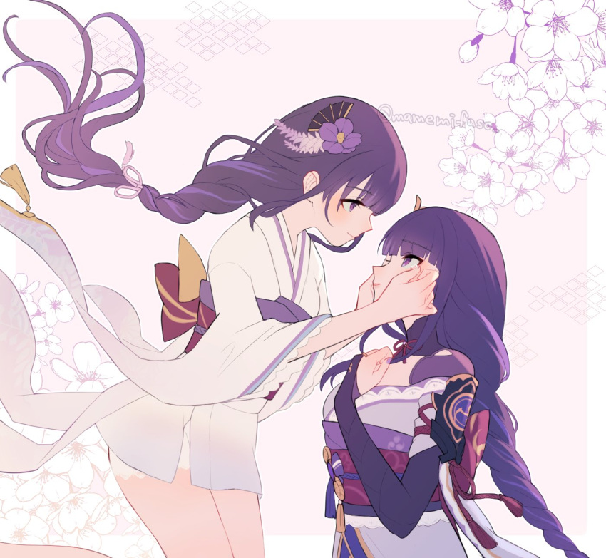 2girls blunt_bangs braid closed_mouth floating flower from_side genshin_impact hair_ornament hair_ribbon hand_on_another's_cheek hand_on_another's_face hand_on_own_chest highres japanese_clothes light_blush light_smile long_hair looking_at_another looking_down looking_up makoto_(genshin_impact) mano_(m1n0f2e1) mitsudomoe_(shape) multiple_girls pink_background purple_hair raiden_shogun ribbon siblings single_braid sisters standing tomoe_(symbol) twitter_username violet_eyes white_flower