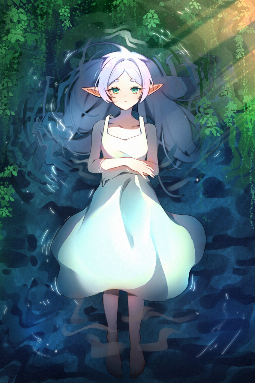 1girl absurdres afloat bare_shoulders barefoot closed_mouth crossed_arms dress elf english_commentary expressionless frieren from_above full_body green_eyes grey_hair hair_down hair_spread_out highres li_nauu long_hair long_pointy_ears looking_at_viewer lying on_back outdoors pointy_ears raised_eyebrows ripples sleeveless sleeveless_dress solo sousou_no_frieren sunlight thick_eyebrows vegetation water white_dress white_hair