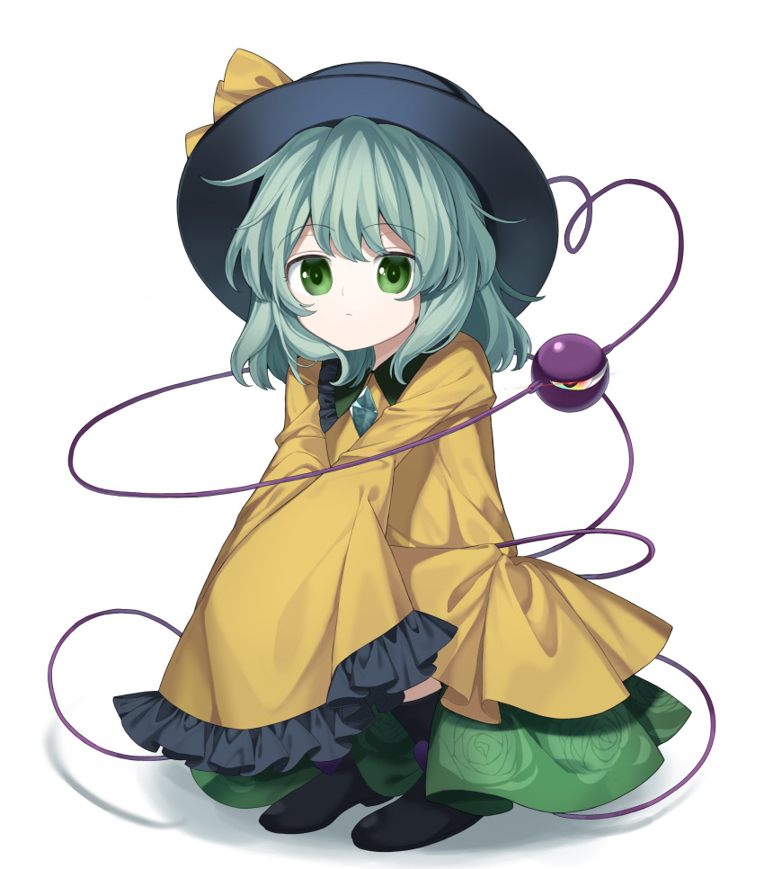 1girl :&lt; absurdres black_footwear black_hat blouse boots bright_pupils buttons closed_mouth diamond_button expressionless floral_print frilled_shirt_collar frilled_sleeves frills full_body green_eyes green_skirt hair_between_eyes hat hat_ribbon heart heart_of_string highres jitome keiki8296 komeiji_koishi looking_at_viewer medium_hair outstretched_arms print_skirt ribbon rose_print shirt simple_background skirt sleeves_past_fingers sleeves_past_wrists solo squatting subterranean_animism tareme third_eye touhou v_arms white_background wide_sleeves yellow_ribbon yellow_shirt