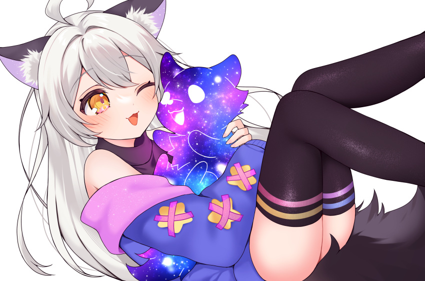 1girl 6min_dayo :3 ahoge animal ass bare_shoulders blush convenient_censoring cross-laced_sleeves fangs fox_ears fox_girl fox_tail heterochromia holding_animal hooded_jacket hoshin_nemu indie_virtual_youtuber jacket jacket_off_shoulders kemonomimi_mode kitsunemimi long_hair multicolored_eyes off_shoulder open_mouth pink_eyes solo star_(symbol) star_in_eye tail tail_censor thigh-highs transparent_background virtual_youtuber white_eyes white_hair wink yellow_eyes zettai_ryouiki