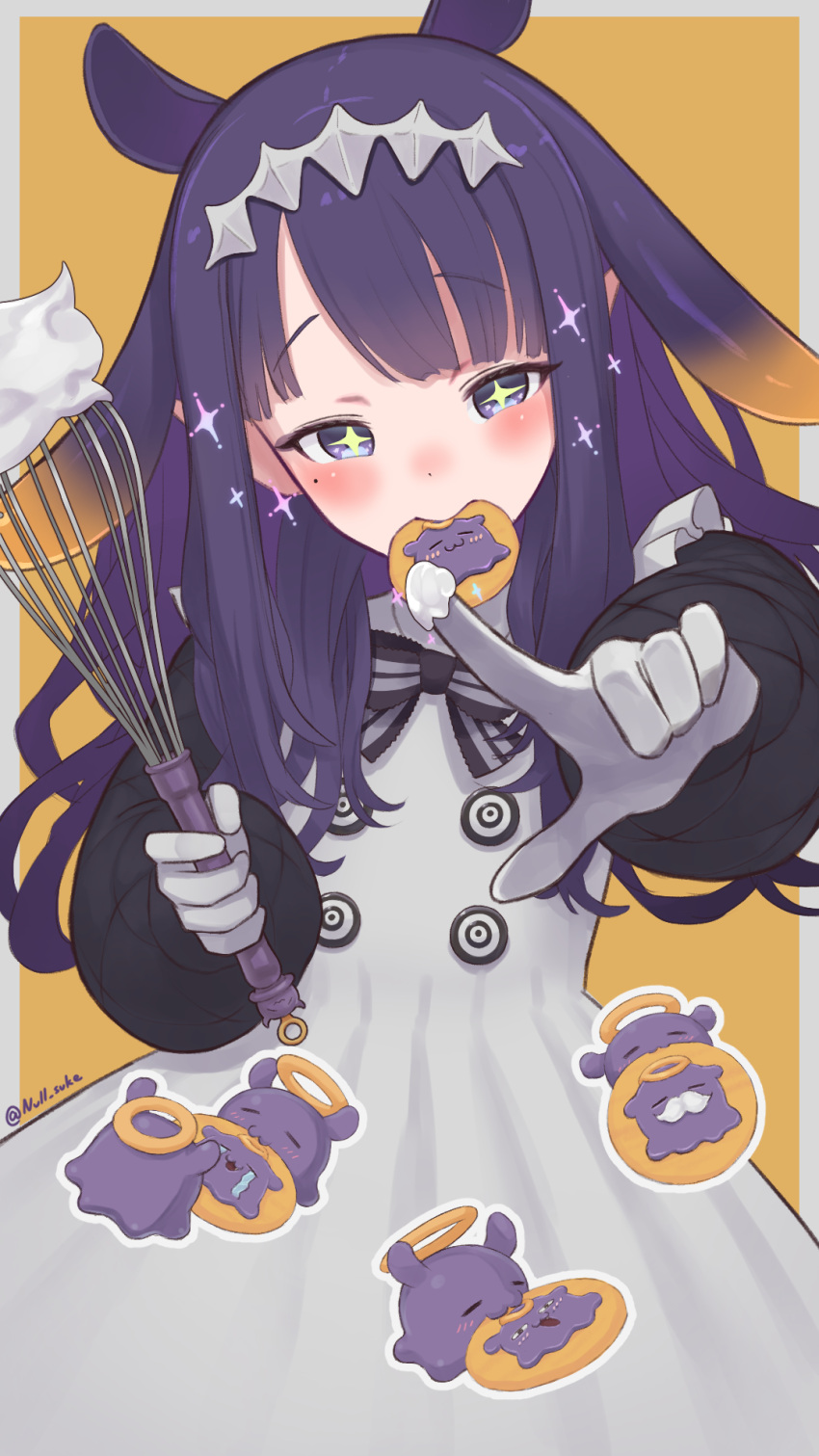 +_+ 1girl apron blush character_food cookie eating food food_in_mouth gloves hair_ornament halo highres holding holding_whisk hololive hololive_english long_hair long_sleeves looking_at_viewer mole mole_under_eye ninomae_ina'nis ninomae_ina'nis_(6th_costume) null_suke official_alternate_costume purple_hair solo sparkle takodachi_(ninomae_ina'nis) tentacle_hair twitter_username violet_eyes virtual_youtuber whipped_cream whisk white_gloves
