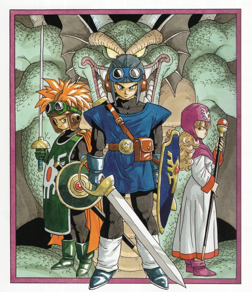 1girl 2boys absurdres ankle_boots aqua_gloves aviator_cap belt black_bodysuit blue_eyes blue_tunic bodysuit boots border brown_belt cape colored_sclera commentary dragon dragon_quest dragon_quest_ii dress fanny_pack fins frown full_body gloves goggles goggles_on_head green_footwear green_tunic hair_between_eyes hand_up head_fins height_difference highres holding holding_staff holding_sword holding_weapon leg_warmers light_brown_hair lineup long_dress long_hair long_sleeves looking_at_viewer multiple_boys official_art orange_cape orange_hair pink_border pink_footwear pink_turban prince_of_lorasia prince_of_samantoria princess_of_moonbrook red_eyes scabbard scales serious sharp_teeth sheath sheathed shield sideways_glance smile spiky_hair staff standing sword teeth toriyama_akira tunic turban wavy_hair weapon white_border white_dress white_leg_warmers wings yellow_sclera
