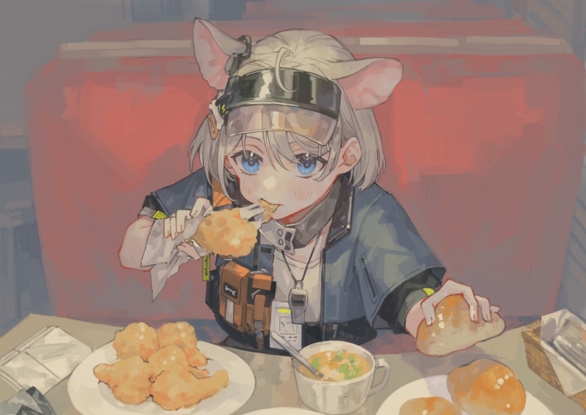 1girl ahoge almond_(arknights) animal_ears arknights blue_eyes blue_jacket booth_seating bread bread_bun commentary cropped_jacket cup dog_ears dog_girl ear_tag eating food fried_chicken grey_hair highres holding holding_food id_card indoors jacket looking_at_viewer miike_(992058) napkin plate pouch shirt short_hair solo soup spoon table upper_body visor_cap whistle white_shirt