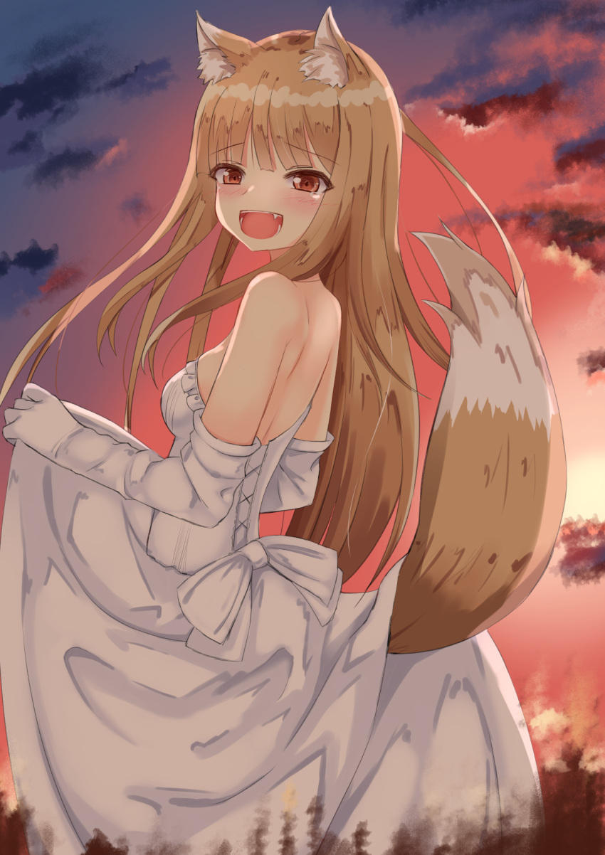 1girl :d alternate_costume animal_ear_fluff animal_ears back back_bow backboob bare_shoulders blunt_bangs blush bow breasts brown_hair commentary cowboy_shot dress elbow_gloves fang floating_hair from_side gloves hand_up happy highres holo kasumasu_(tales75) long_dress long_hair looking_at_viewer open_mouth outdoors red_eyes red_sky skirt_hold sky small_breasts smile solo spice_and_wolf straight_hair strapless strapless_dress sunset tail tail_raised tears teeth tsurime very_long_hair wedding_dress white_bow white_dress white_gloves wolf_ears wolf_girl wolf_tail