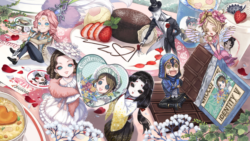 3boys 3girls :d :o aqua_eyes arm_behind_back asa_no_ha_(pattern) baby's-breath bald black_bow black_bowtie black_eyes black_footwear black_hair black_hakama black_hat black_jacket black_pants blonde_hair blue_eyes blue_hair blue_jacket blunt_ends boots boutonniere bow bowl bowtie brown_hair brown_jacket button_eyes buttons candy cane carrot character_print chocolate chocolate_bar claws colored_skin crossed_legs curtained_hair dress drill_hair earrings eating emma_woods eyeshadow facial_mark fairy_wings feather_boa fingerless_gloves floral_dress flower food food_art food_on_face food_writing fried_rice fruit full_body gelatin ginkgo_leaf ginkgo_leaf_print gloves gold_trim gown gradient_kimono gradient_skin grey_vest hair_between_eyes hair_flower hair_ornament hair_ribbon hakama hat hat_bow hat_flower heart highres hikimayu holding holding_cane holding_food holding_heart holding_quill hood hood_up hooded_jacket ice_cream identity_v indian_style ivy jack_(identity_v) jacket japanese_clothes jewelry joseph_desaulniers kimono knees_up lapels lava_cake leaf lipstick loafers long_hair long_sleeves looking_at_viewer low-tied_long_hair low_ponytail makeup mary_(identity_v) michiko_(identity_v) mini_person miniboy minigirl mito_itsuki mousse_(food) multiple_boys multiple_girls naib_subedar naib_subedar_(clarity) necklace no_eyes no_mouth no_nose notched_lapels off-shoulder_dress off_shoulder official_alternate_costume official_art open_clothes open_jacket pants parted_bangs pearl_necklace picture_hat pink_dress pink_flower pink_hair pink_skin plate quill red_eyeshadow red_flower red_lips red_rose ribbon rose shoes short_hair shrimp sitting sleeve_cuffs smile solid_eyes standing sticker stitched_mouth stitches strapless strapless_dress strawberry table tablecloth tailcoat top_hat tracy_reznik tracy_reznik_(everlasting_flower) vest white_dress white_hat white_kimono white_skin wide_sleeves wings yellow_eyes yellow_kimono