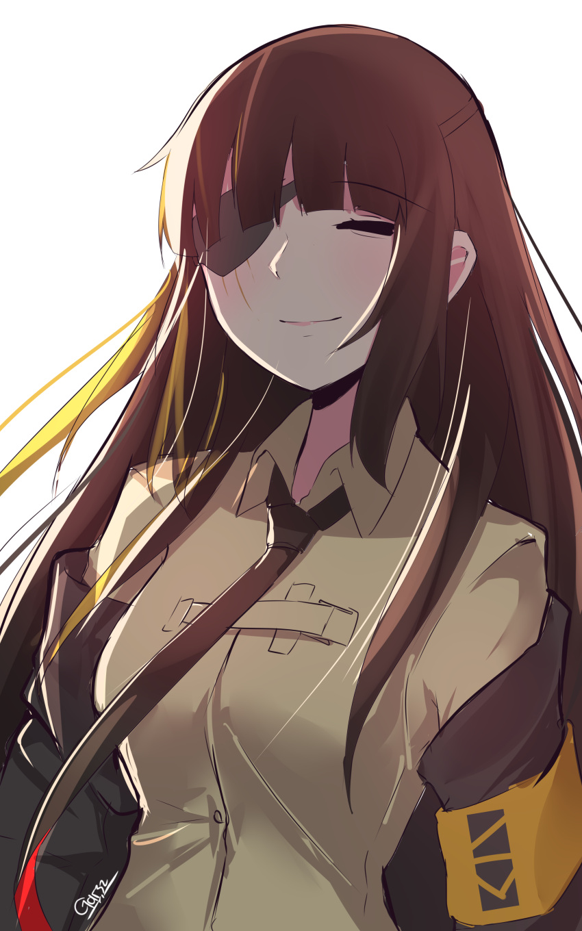 absurdres armband black_jacket black_necktie closed_eyes closed_mouth eyepatch gar32 girls_frontline highres hood hooded_jacket jacket long_hair m16a1_(girls'_frontline) mole mole_under_eye multicolored_hair necktie scar shirt simple_background smile solo yellow_armband yellow_shirt