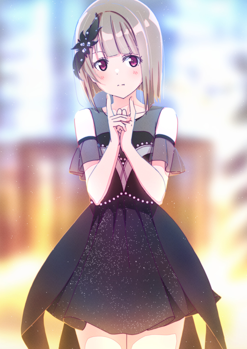 1girl :t ajapar black_dress blunt_bangs blush bob_cut closed_mouth collarbone commentary_request dress grey_hair hair_ornament highres index_fingers_raised looking_at_viewer love_live! love_live!_nijigasaki_high_school_idol_club nakasu_kasumi own_hands_together pout senobi_shitatte short_hair solo standing upper_body violet_eyes