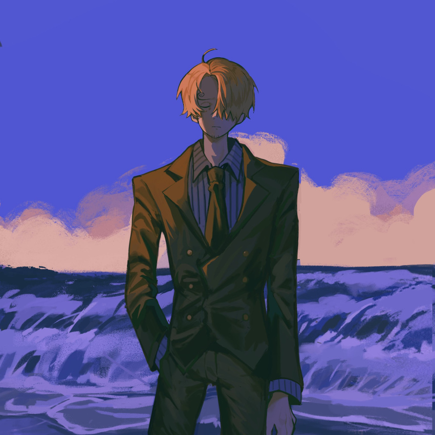 1boy black_necktie blonde_hair closed_eyes closed_mouth clouds cloudy_sky commentary curly_eyebrows english_commentary formal hair_over_one_eye hand_in_pocket herrscherofzs highres male_focus necktie ocean one_eye_covered one_piece outdoors sanji_(one_piece) short_hair sky solo standing suit water