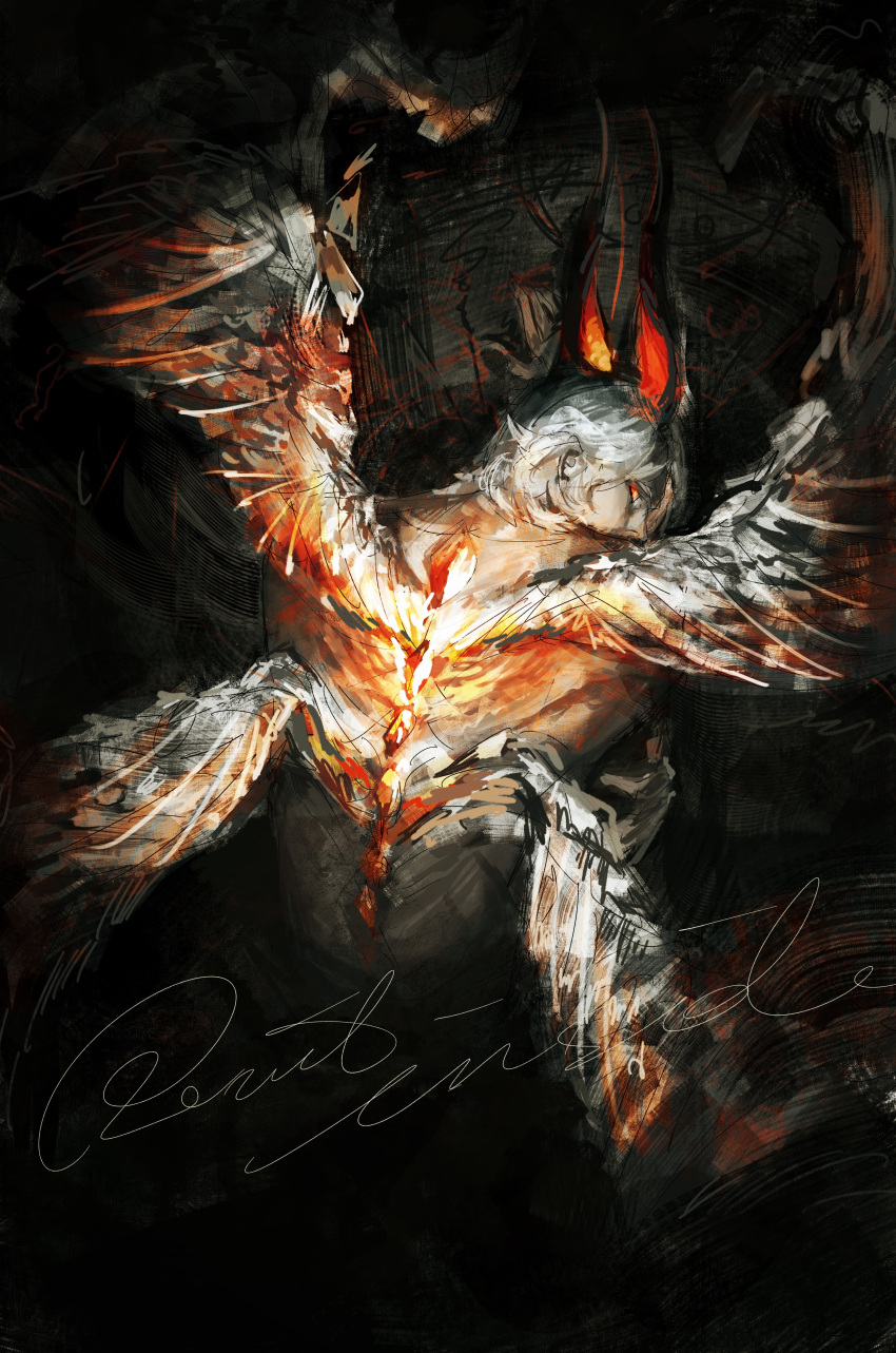 1boy absurdres claws dante_(devil_may_cry) demon demon_boy devil_may_cry_(series) devil_may_cry_5 devil_trigger energy_wings glowing glowing_eyes glowing_wings highres horns long_hair looking_at_viewer male_focus multiple_wings pppppcyyyy removing_coat shining sin_devil_trigger solo white_hair wings yellow_eyes