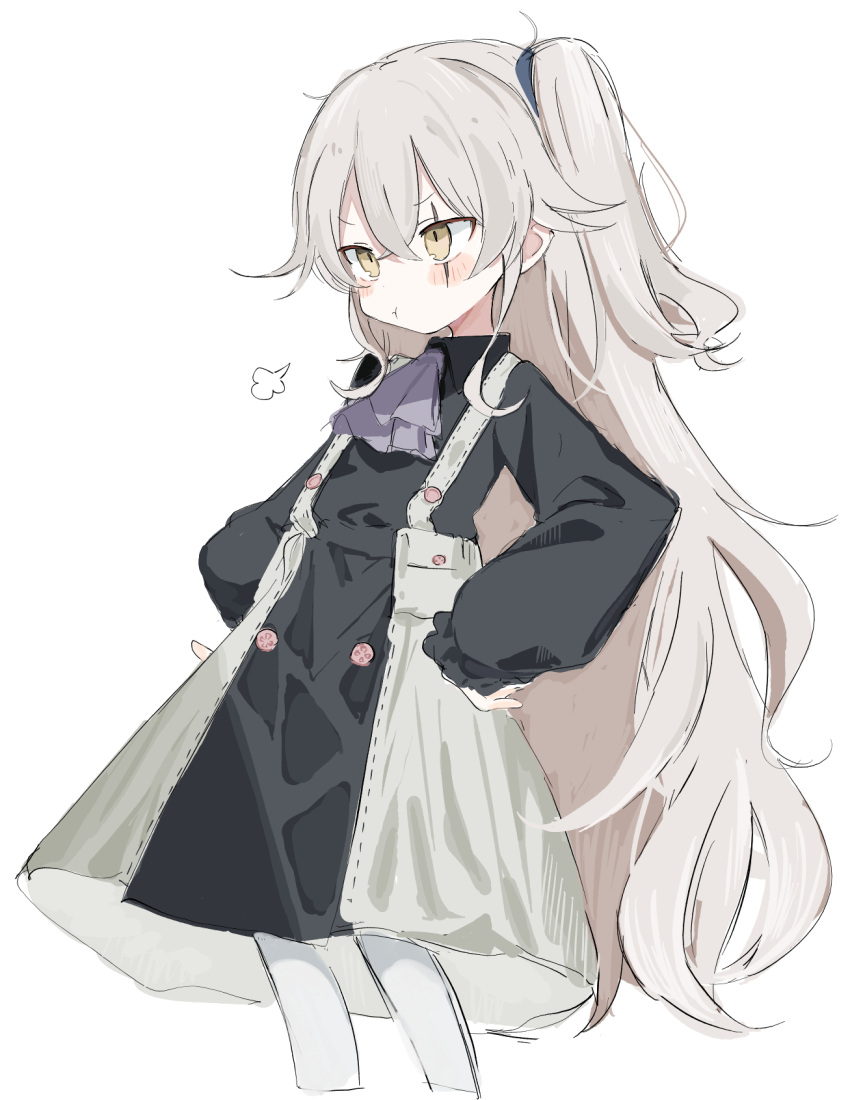 1girl :t aged_down blush girls_frontline hands_on_own_hips highres long_hair long_sleeves official_alternate_costume one_side_up pantyhose sanma_(tabet_) scar scar_across_eye solo ump45_(agent_lop_rabbit)_(girls'_frontline) ump45_(girls'_frontline) white_pantyhose