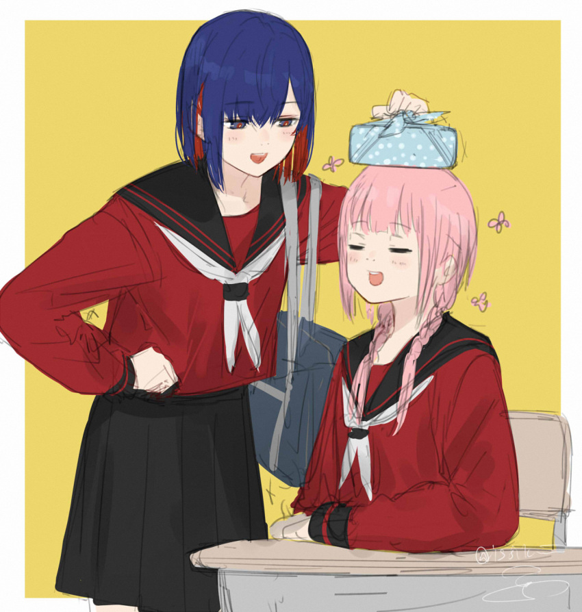 2girls alternate_costume bag black_sailor_collar black_skirt blue_eyes blue_hair blush border braid chair closed_eyes colored_inner_hair commentary_request desk feet_out_of_frame hair_over_shoulder hand_on_another's_head hand_on_own_hip hand_up highres holding_bento isshiki_(ffmania7) kaf_(kamitsubaki_studio) kamitsubaki_studio long_hair long_sleeves looking_at_another low_twin_braids matching_outfits medium_hair multicolored_eyes multicolored_hair multiple_girls neckerchief object_on_head on_chair open_mouth pink_hair pleated_skirt red_eyes red_shirt redhead rim_(kamitsubaki_studio) romaji_commentary sailor_collar school_bag school_chair school_desk school_uniform serafuku shirt shoulder_bag simple_background sitting sketch skirt smile standing twin_braids virtual_youtuber white_border white_neckerchief yellow_background yellow_pupils