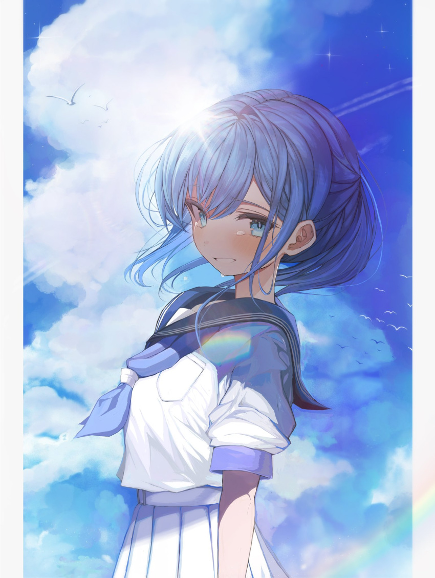 1girl :d arms_at_sides belt black_sailor_collar blue_eyes blue_hair blue_neckerchief blue_sky blush clouds contrail cowboy_shot crying crying_with_eyes_open cumulonimbus_cloud floating_hair grin hair_between_eyes highres hololive hoshimachi_suisei kokutamotsu looking_at_viewer neckerchief open_mouth pillarboxed pleated_skirt sailor_collar shirt short_hair short_sleeves sidelocks simple_bird skirt sky smile solo sparkle streaming_tears tears teeth virtual_youtuber white_belt white_shirt white_skirt