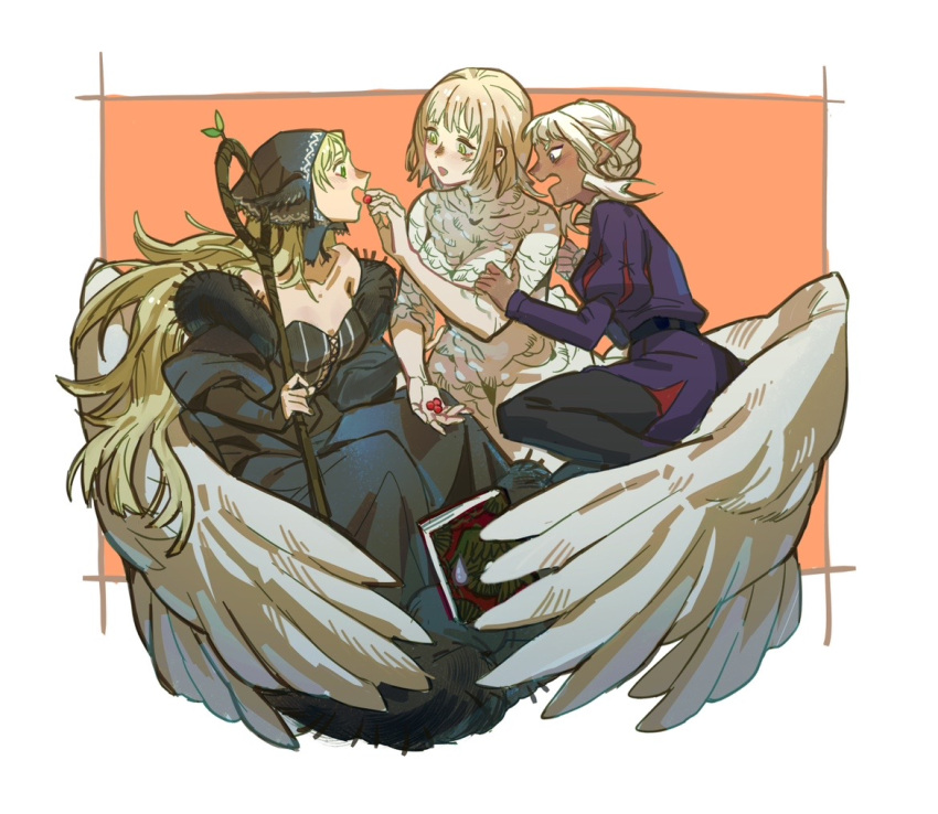 1boy 2girls ambrosia_(dungeon_meshi) bare_shoulders berry black_dress black_pants blonde_hair book border clenched_hand collarbone commentary dress dungeon_meshi elf english_commentary falin_touden falin_touden_(chimera) feathered_wings feathers feeding feet_out_of_frame food from_side fruit green_eyes hand_on_another's_arm head_scarf holding holding_food holding_fruit holding_staff jacket juliet_sleeves lccc long_hair long_sleeves looking_at_another marcille_donato marcille_donato_(lord) monster_girl multiple_girls open_mouth orange_background outside_border pants pointy_ears profile puffy_sleeves purple_jacket short_hair simple_background spoilers staff thistle_(dungeon_meshi) white_border wing_hug wings