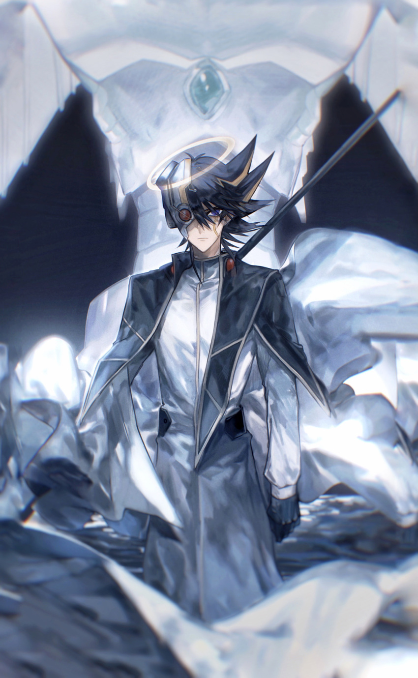 absurdres alternate_costume bad_id bad_lofter_id black_gloves black_hair blue_eyes blue_gemstone character_request check_character coat dragon duel_monster facial_mark facial_tattoo fudo_yusei gem gloves halo highres long_coat long_sleeves looking_at_viewer multicolored_hair naoki_(2rzmcaizerails6) night ocean one_eye_covered outdoors serious short_hair spiky_hair standing stardust_dragon streaked_hair tattoo white_coat yu-gi-oh! yu-gi-oh!_5d's