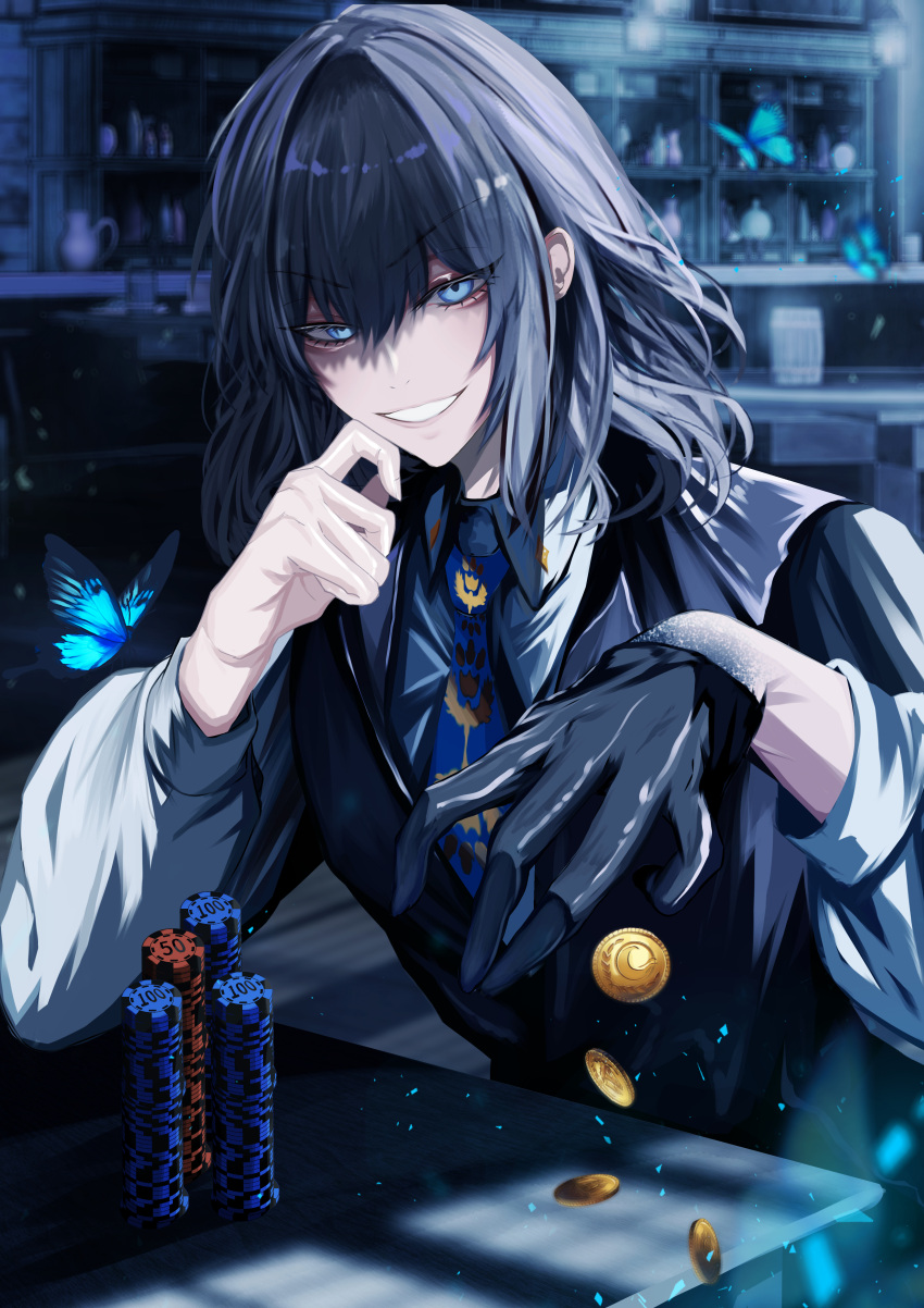 1boy absurdres alternate_costume antinese black_hair black_vest blue_eyes bug butterfly collared_shirt fate/grand_order fate_(series) gloves highres long_sleeves male_focus medium_hair necktie oberon_(fate) oberon_(third_ascension)_(fate) poker_chip shirt single_glove smile solo upper_body vest white_shirt
