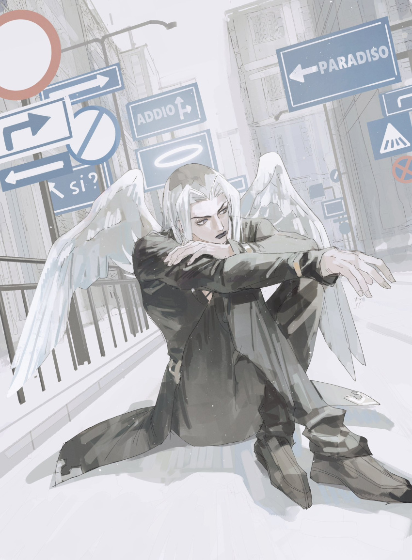 1boy angel angel_wings black_lips blue_eyes crossed_legs halo highres italian_text jojo_no_kimyou_na_bouken knees_up leone_abbacchio lipstick long_hair long_sleeves looking_to_the_side makeup male_focus parted_bangs ringpullwww road_sign sign sitting solo vento_aureo white_hair wings
