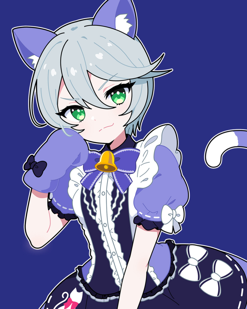 1girl :3 alternate_costume animal_ear_fluff animal_ears animal_hands bell blue_background bow cat_ears cat_tail center_frills closed_mouth commentary_request dress frills gloves green_eyes grey_hair hair_between_eyes hand_up highres looking_at_viewer neck_bell neck_ribbon nekomachi_nao outline paw_gloves pretty_series pripara puffy_short_sleeves puffy_sleeves purple_dress ribbon shikyoin_hibiki short_hair short_sleeves simple_background smile solo standing tail white_bow white_outline