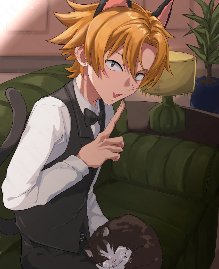 1boy absurdres animal_ears animal_on_lap black_bow black_bowtie black_pants black_vest blonde_hair bow bowtie bucchigiri?! cat cat_ears cat_on_lap cat_tail couch ear_piercing extra_ears fang finger_to_mouth highres index_finger_raised indoors lamp male_focus momotari_shijuro mtblue_plus on_lap pants piercing plant potted_plant shushing skin_fang solo tail traditional_bowtie vest watermark