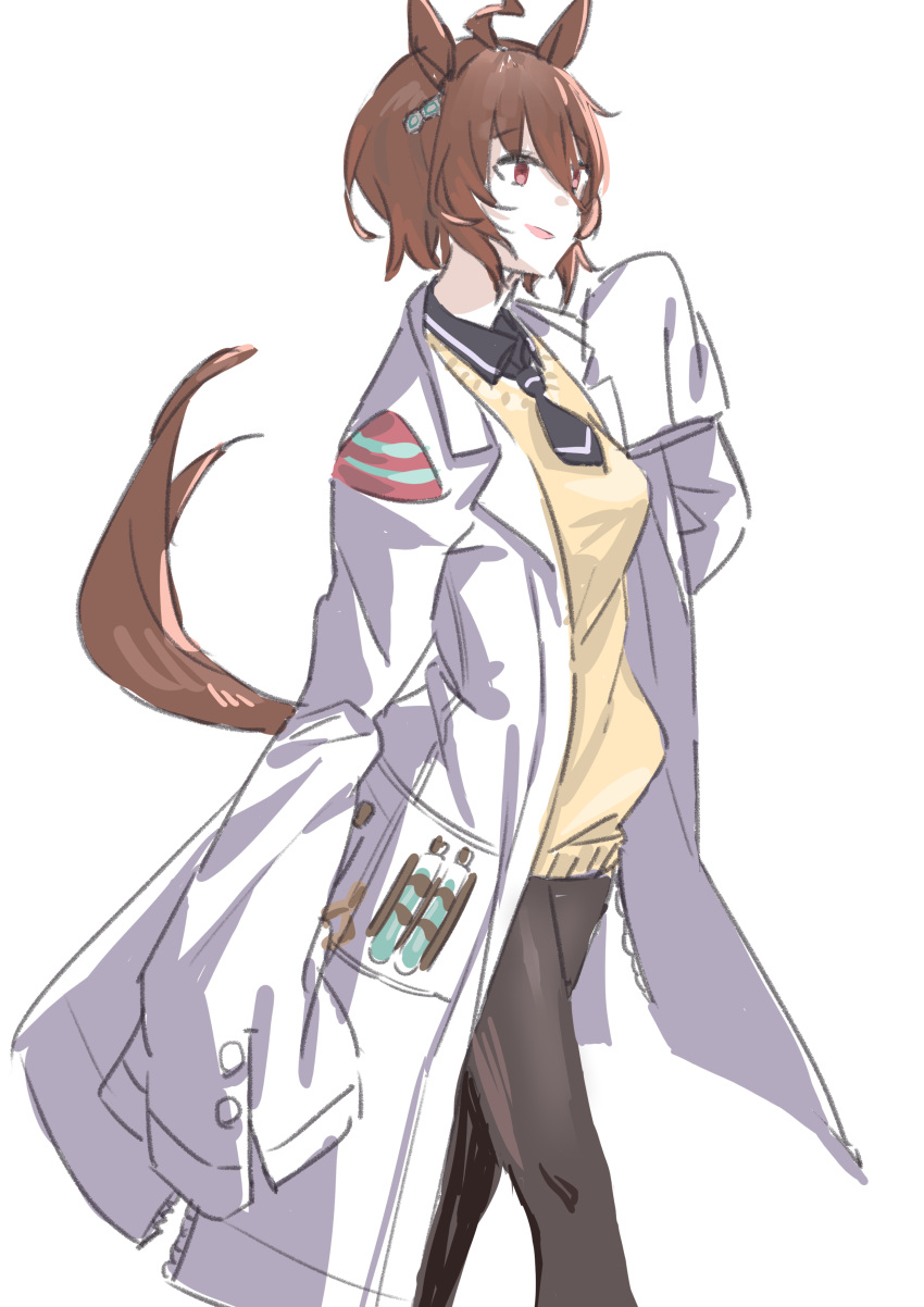 1girl absurdres agnes_tachyon_(umamusume) ahoge animal_ears brown_hair cottone_(highjethoo) earrings hair_between_eyes highres horse_ears horse_girl horse_tail jacket jewelry lab_coat long_hair long_sleeves looking_at_viewer necktie open_clothes red_eyes shirt short_hair short_necktie simple_background single_earring sleeves_past_fingers sleeves_past_wrists smile solo sweater_vest tail test_tube umamusume white_background yellow_sweater_vest